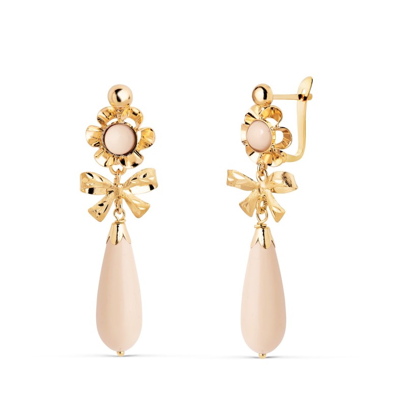 Pendientes Oro Amarillo Lazo Marfil. Medida: 33X10 Mm. Cierre Catalan oro 18k