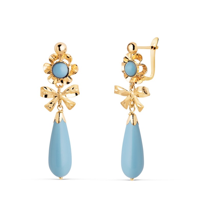 Pendientes Oro Amarillo Lazo Turquesas. Medida: 33X10 Mm. Cierre Catalan oro 18k