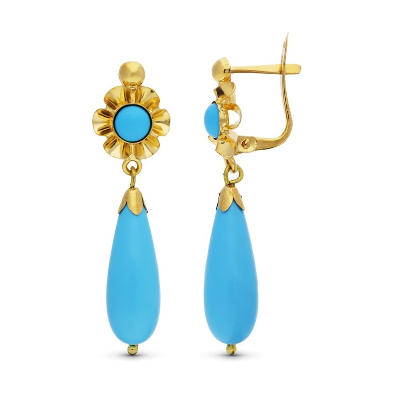 Pendientes Oro Amarillo Lagrima Turquesa Cierre Catalan oro 18k