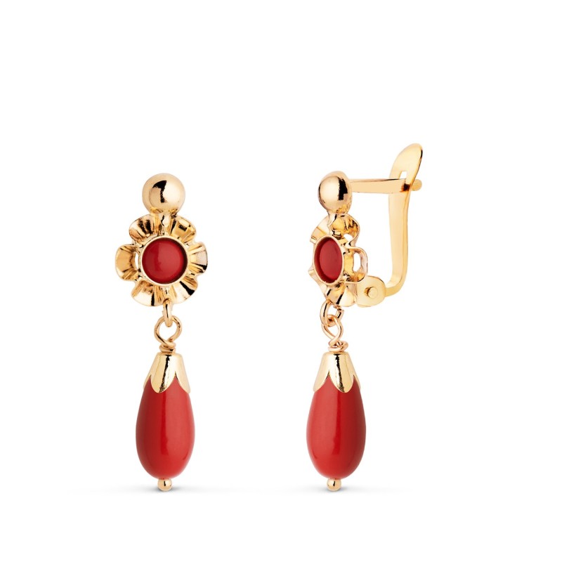 Pendientes Oro Amarillo Cubana Lagrima Coralina. Medida: 22X7 Mm. Cierre Catalan oro 18k