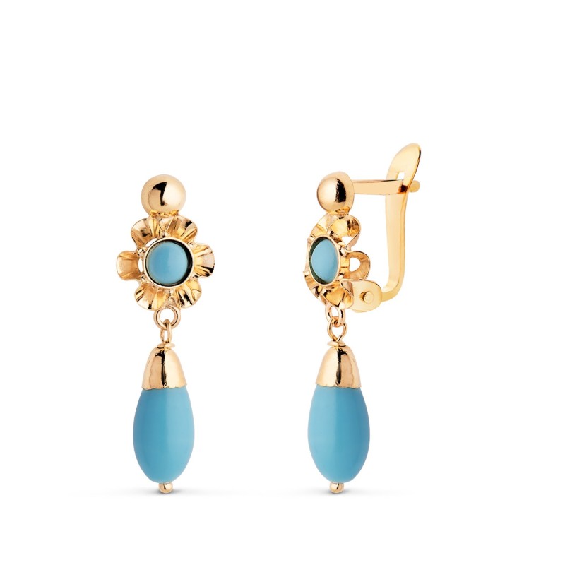 Pendientes Oro Amarillo Cubana Lagrima Turquesa. Medida: 22X7 Mm. Cierre Catalan oro 18k