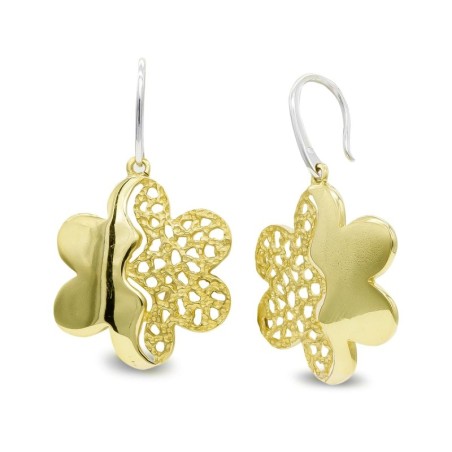 Pendientes Oro Bicolor Largos Flor Cierre Gancho oro 18k