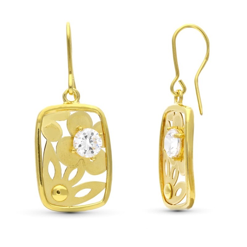 Pendientes Oro Amarillo Flor Laser Con Circonita 22X14 Mm Cierre Gancho oro 18k