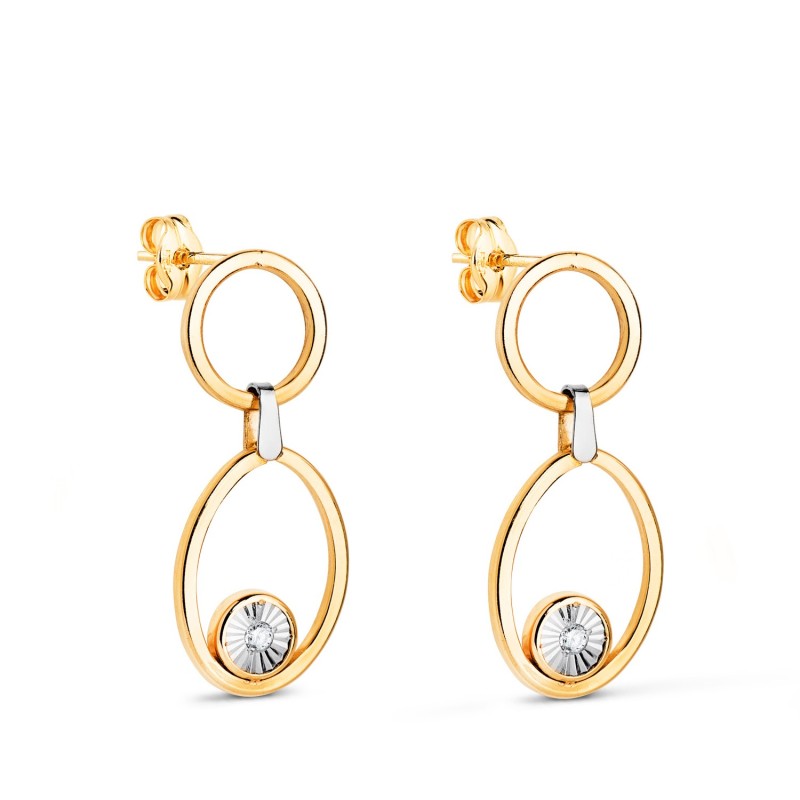 Pendientes Oro Bicolor Largos Dos Aros Con Circonitas. Medida: 23 X 10 Mm. Cierre Presion oro 18k
