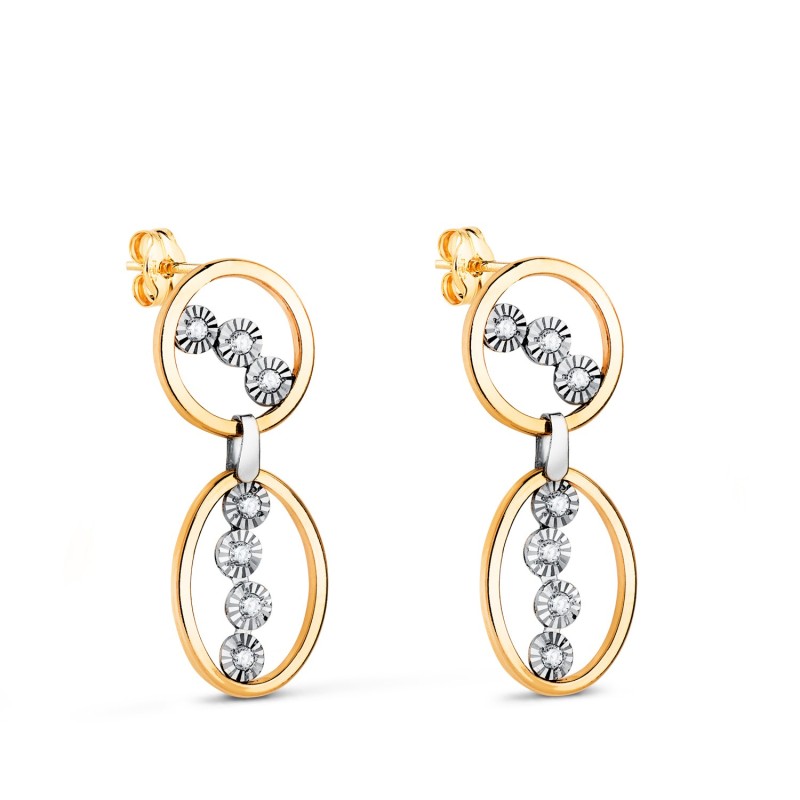 Pendientes Oro Bicolor Largos Dos Aros Con Circonitas. Medida: 25 X 9 Mm. Cierre Presion oro 18k