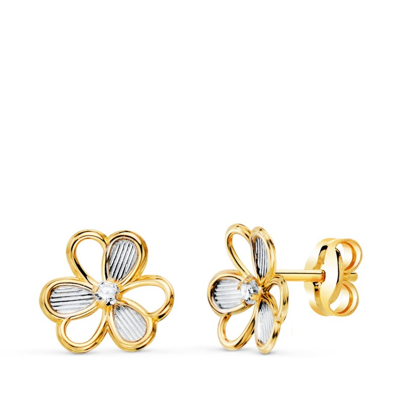 Pendientes Oro Bicolor Trebol Con Circonitas. Medida: 8X7 Mm. Cierre Presion oro 18k