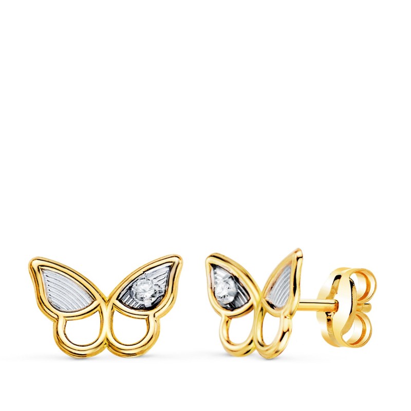 Pendientes Oro Bicolor Mariposa Con Circonitas. Medida: 8 X 6,5 Mm. Cierre Presion oro 18k