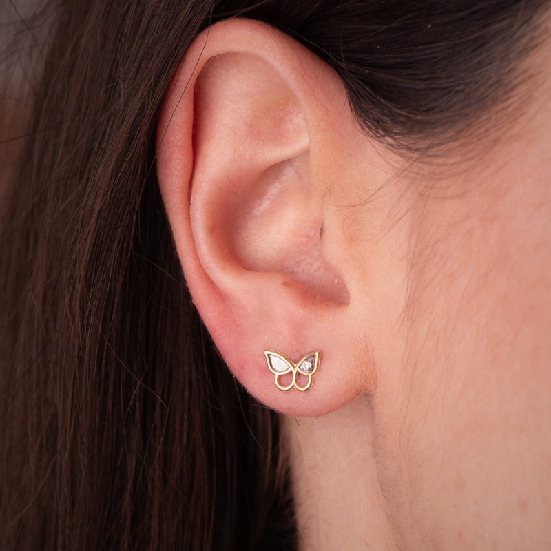 Pendientes Oro Bicolor Mariposa Con Circonitas. Medida: 8 X 6,5 Mm. Cierre Presion oro 18k