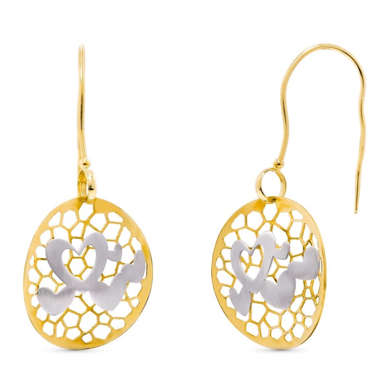 Pendientes Largos Bicolor Corazones Calados 40X19 Mm Cierre Gancho oro 18k