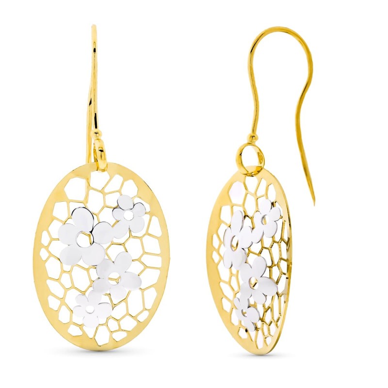 Pendientes Oro Bicolor Largos Flor Cierre Gancho oro 18k