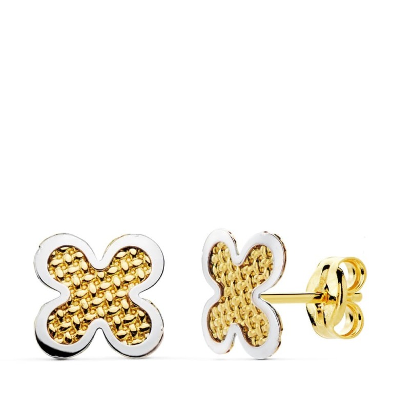 Pendientes Oro Bicolor Trebol 7X7 Mm Cierre Presion oro 18k