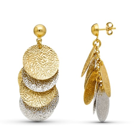Pendientes Oro Bicolor Circulos Labrados Cierre Presion oro 18k