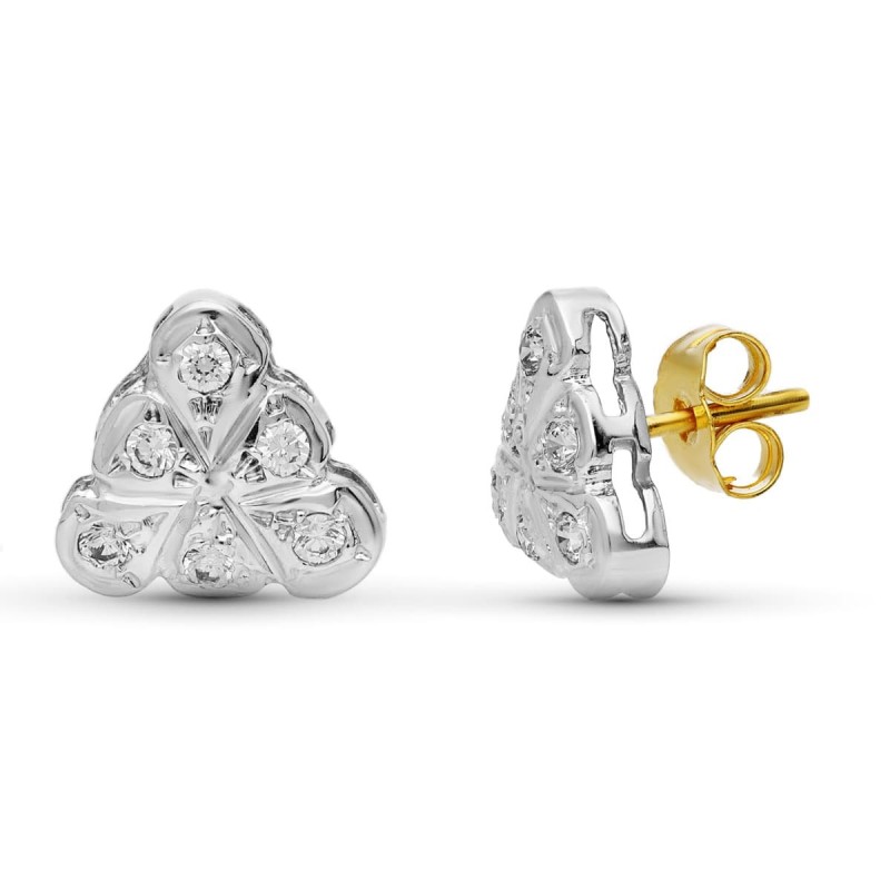 Pendientes Oro Bicolor Circonita 9 Mm Presion oro 18k