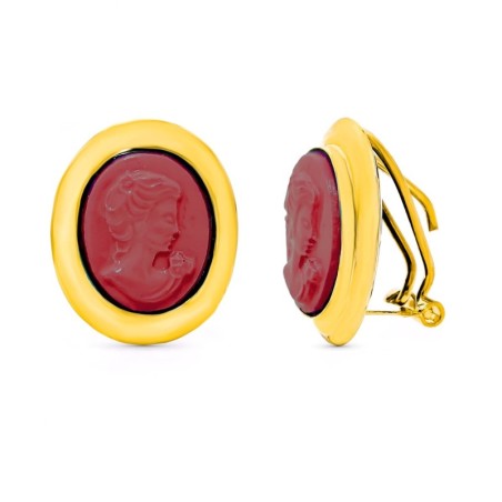Pendientes Oro Amarillo Camafeo Coral Cierre Omega oro 18k