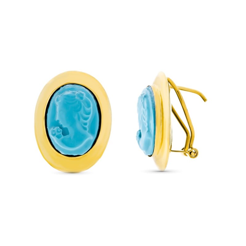 Pendientes Oro Amarillo Camafeo Turquesa Cierre Omega oro 18k