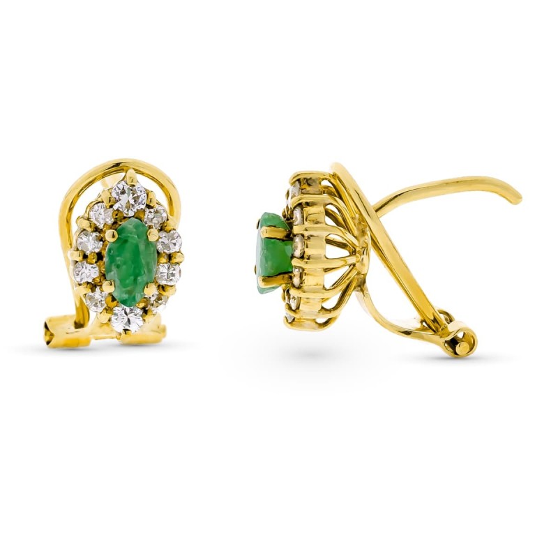 Pendientes Oro Amarillo Orla Diamantes Talla Brillante Y Esmeralda 9X8 M Cierre Omega oro 18k