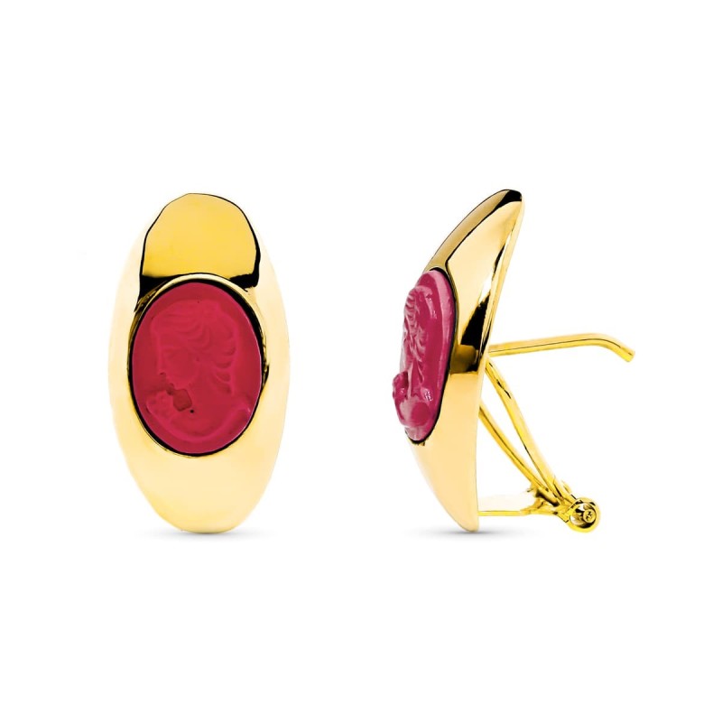 Pendientes Oro Amarillo Camafeo Coral Ceirre Omega oro 18k