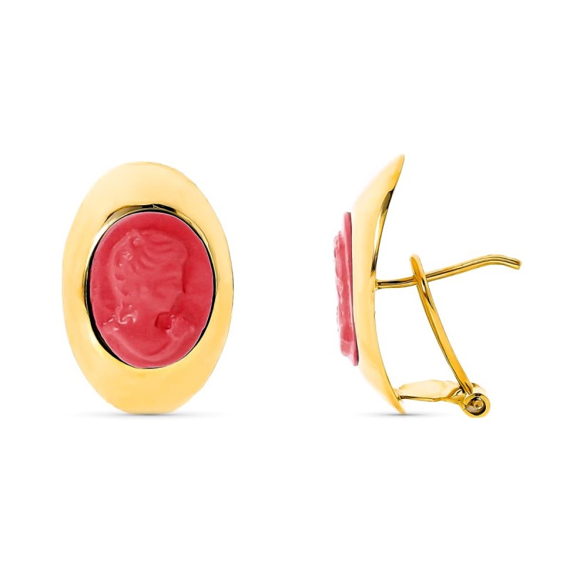 Pendientes Oro Amarillo Camafeo Coralina 20X13 Mm Cierre Omega oro 18k