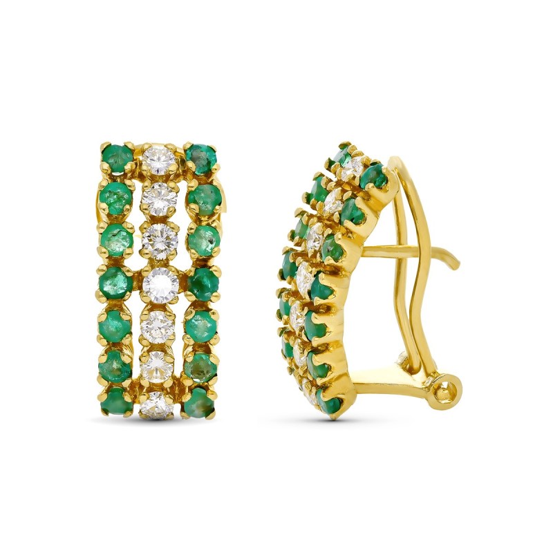 Pendientes Oro Amarillo Brillantes Y Esmeraldas. 17X7 Mm Cierre Omega oro 18k
