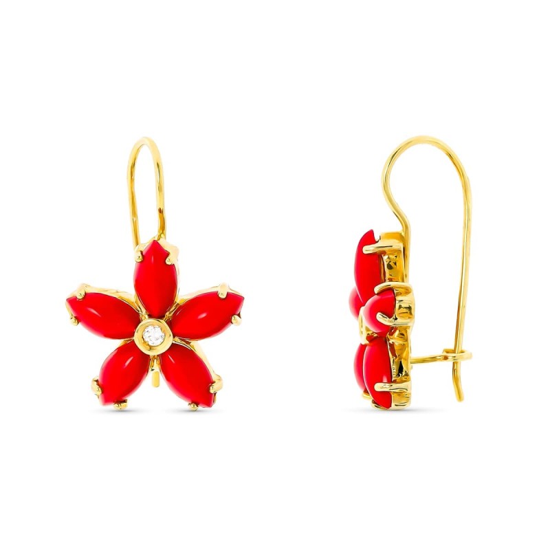 Pendientes Oro Amarillo Largos Flor Corales 6X3 Mm Circonita Cierre Gancho oro 18k