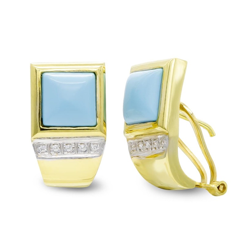 Pendientes Oro Amarillo Turquesa Fina Y Circonita Cierre Omega oro 18k