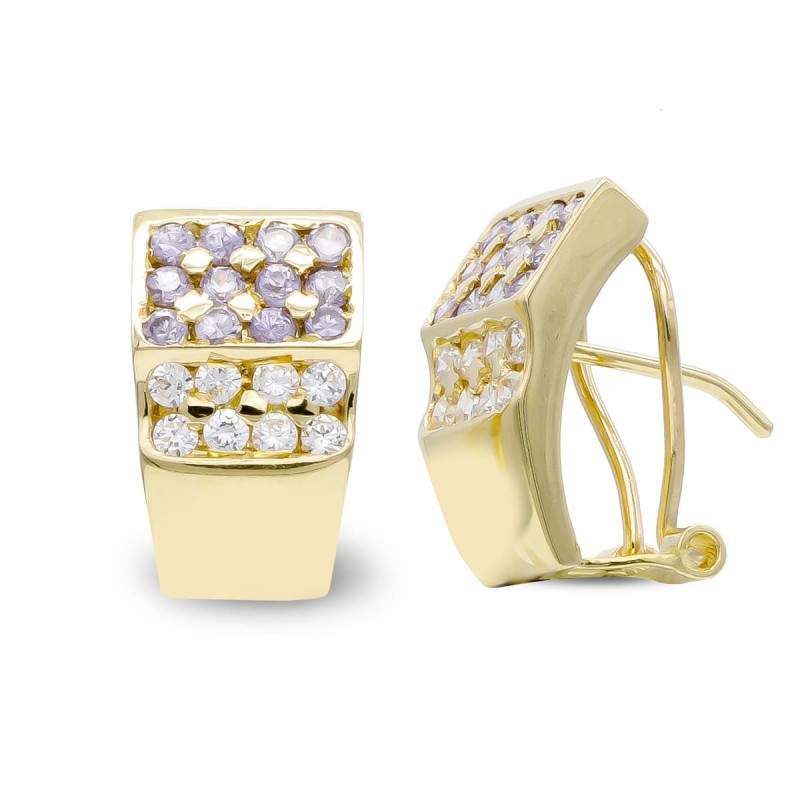 Pendientes Oro Amarillo Circonita Amatistas Y Blancas Cierre Omega oro 18k