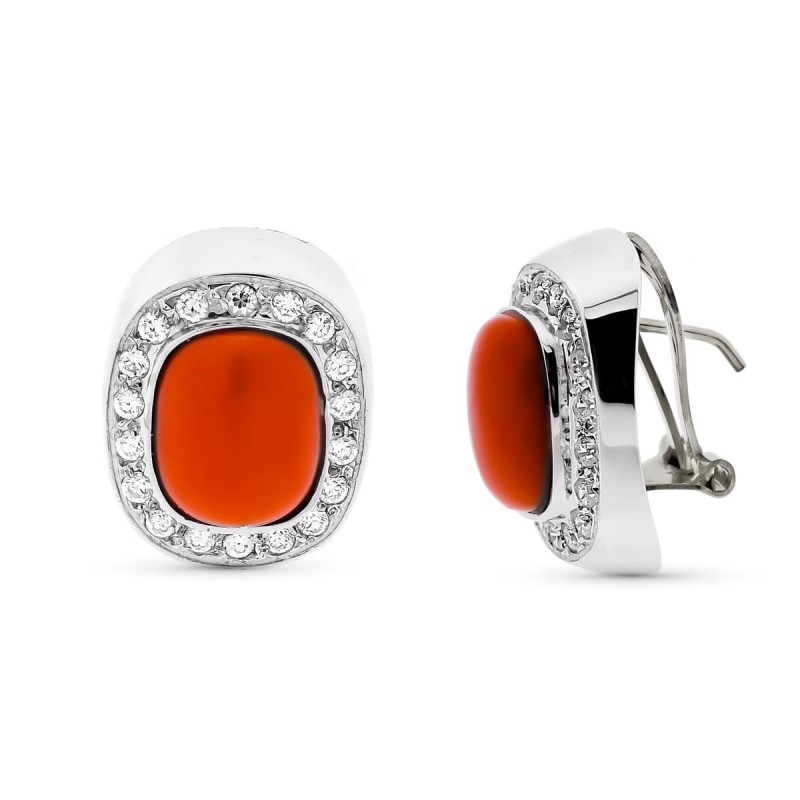Pendientes Oro Blanco Y Coral Fino Con Circonita Cierre Omega oro 18k