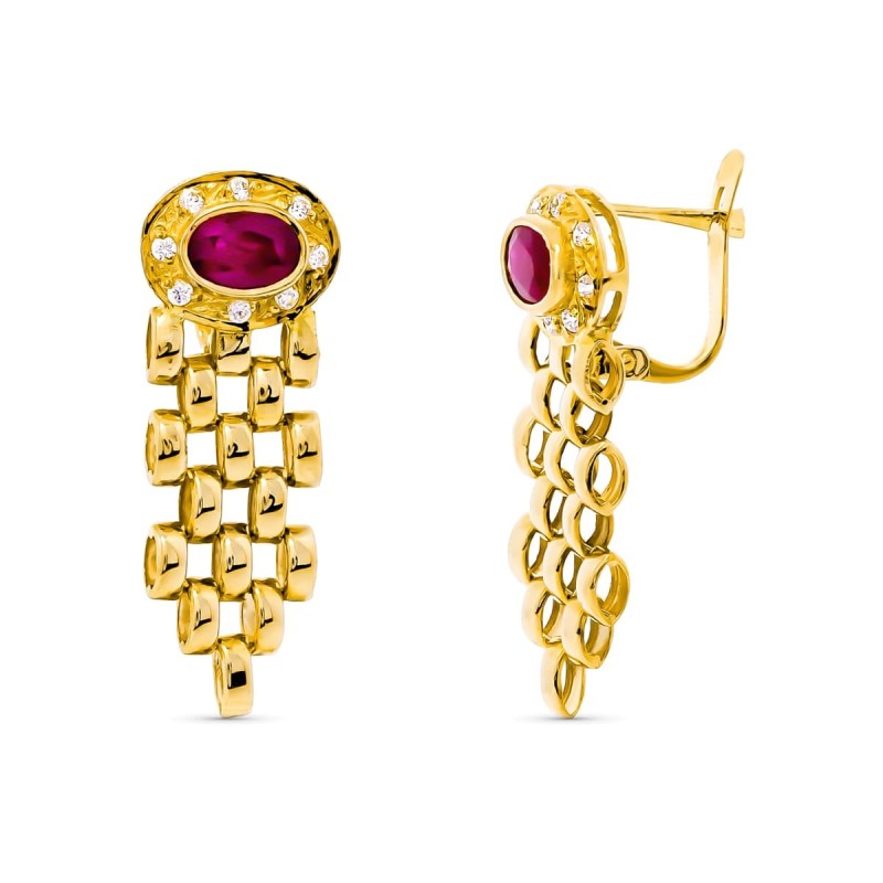 Pendientes Oro Amarillo Panter Y Piedra Rubi 6X4 Mm Cierre Catalan oro 18k