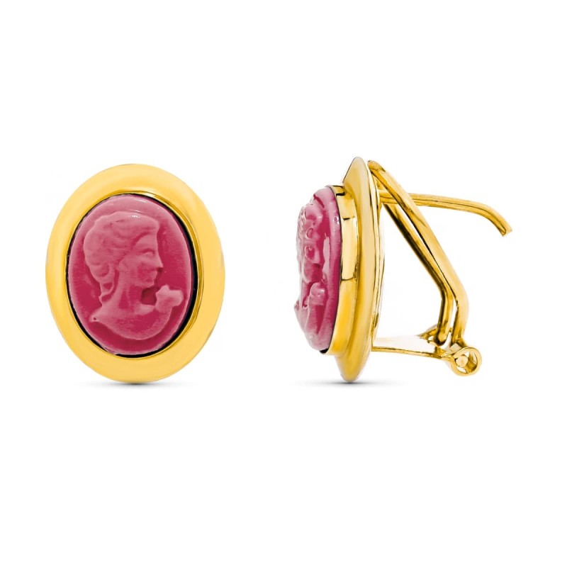 Pendientes Oro Amarillo Camafeo 10X8 Mm Coralina Cierre Omega oro 18k