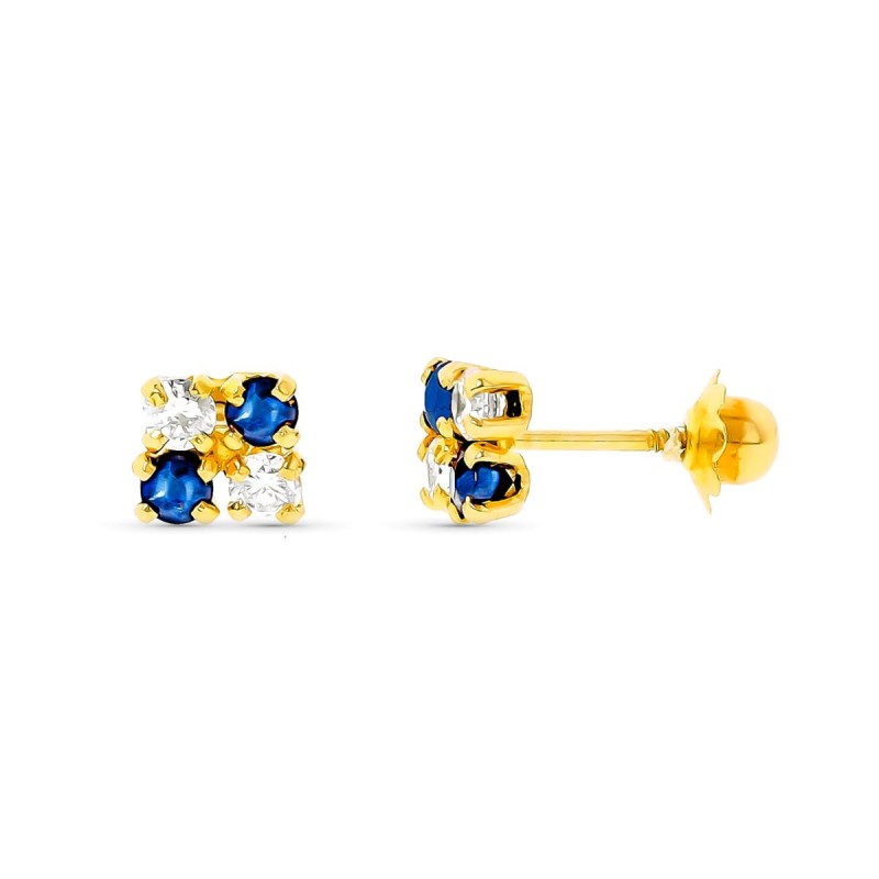 Pendientes Oro Amarillo Zafiros Y Circonita Cierre Tuerca oro 18k