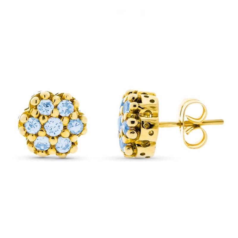 Pendientes Oro Amarillo Circonita Aguamarina 9 Mm Cierre A Presión oro 18k