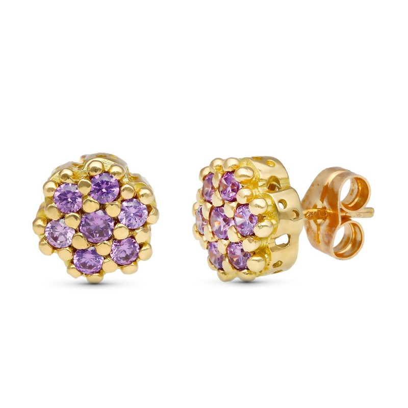 Pendientes Oro Amarillo Circonita Amatista 9 Mm Cierre Presion oro 18k