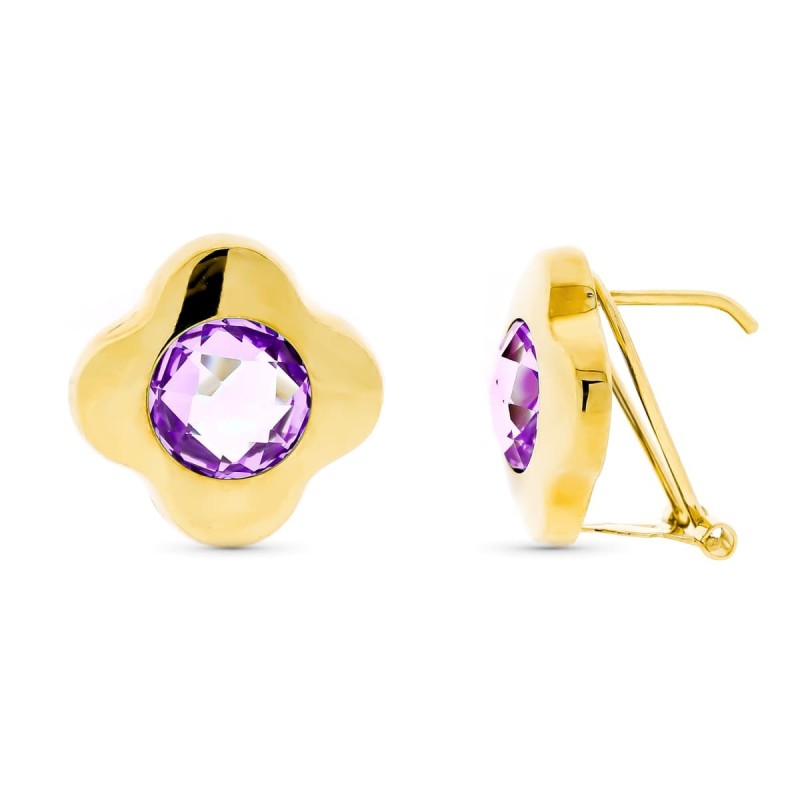 Pendientes Oro Amarillo Piedra 8 Mm Amatista 15 Mm Cierre Omega oro 18k