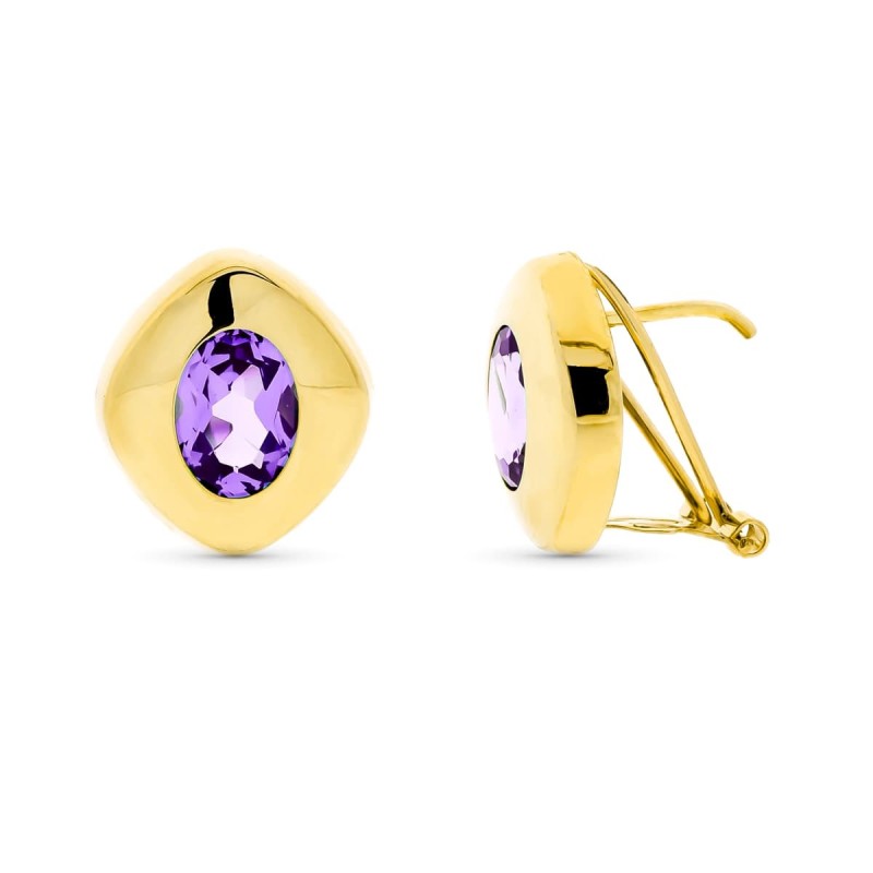 Pendientes Oro Amarillo Piedra Oval Amatista 8X6 Mm Cierre Omega oro 18k