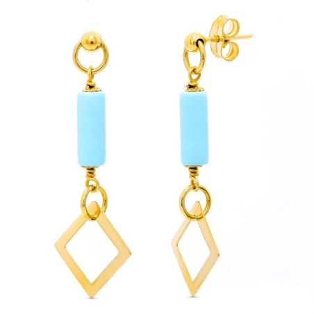 Pendientes Oro Amarillo Turquesa Rombo Presion oro 18k