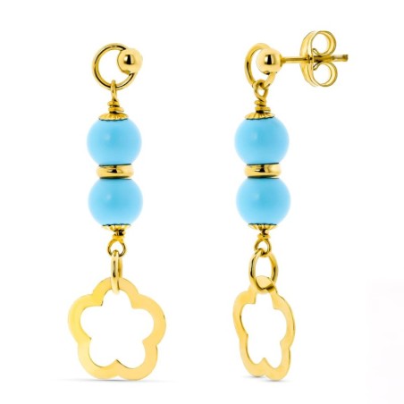 Pendientes Oro Amarillo 2 Bolas Turquesa 6 Mm Flor Cierre Presión oro 18k