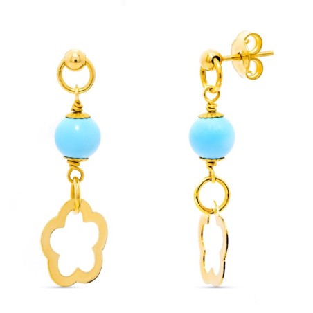 Pendientes Oro Amarillo Turquesa 6 Mm Flor Presion oro 18k