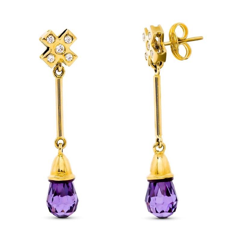 Pendientes Oro Amarillo Largo 5 Circonita Amatista Cierre Presión oro 18k