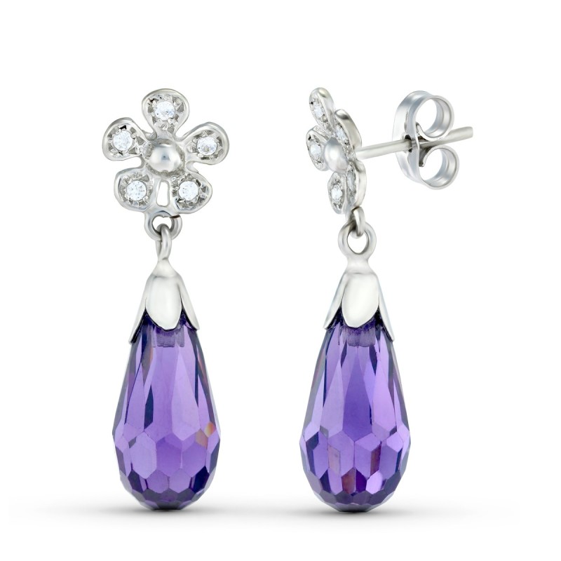 Pendientes Oro Blanco Dos Cuerpos Con Flor Y Piedra. Cierre Presion oro 18k