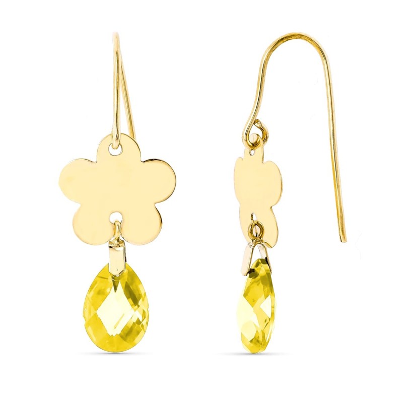 Pendientes Oro Amarillo Flor Piedra Citrino 10X7 Mm Cierre Gancho oro 18k