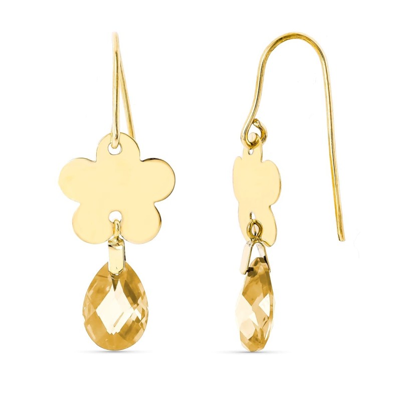 Pendientes Oro Amarillo Flor Piedra Topacio 10X7 Mm Cierre Gancho oro 18k