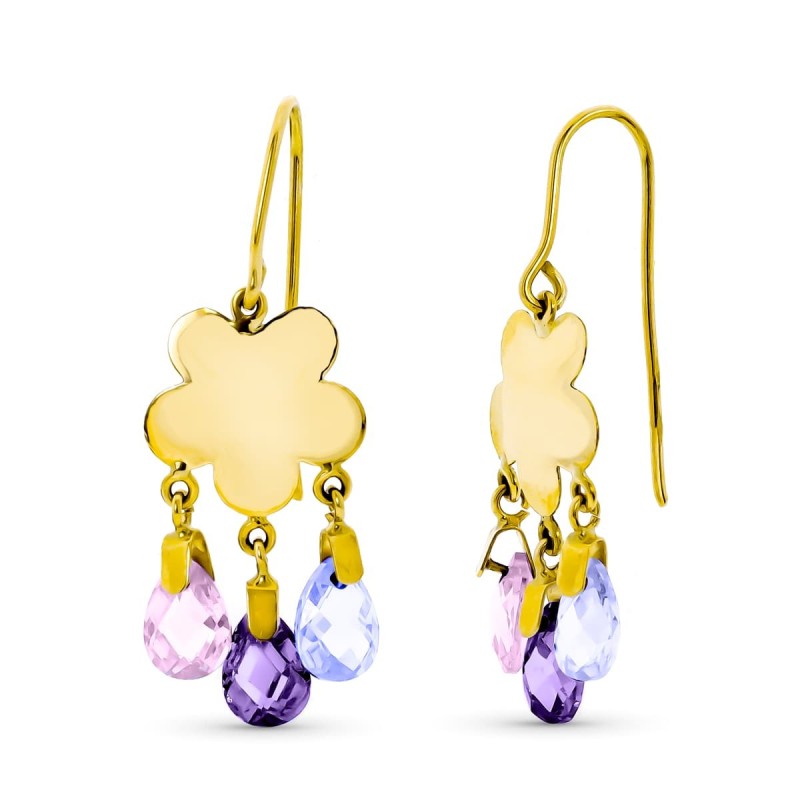 Pendientes Oro Amarillo Largo Flor 3 Piedras Color Rs-At-Ma Cierre Gancho oro 18k