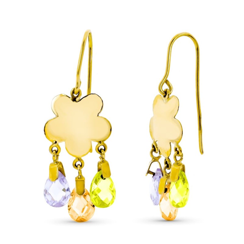 Pendientes Oro Amarillo Largo Flor 3 Piedras Color Ct-Ma-Ol Cierre Gancho oro 18k
