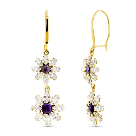 Pendientes Oro Amarillo Largos Flores Cierre Gancho oro 18k