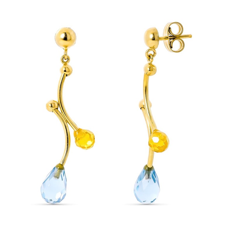 Pendientes Oro Amarillo Largos Piedras Aguamarina Y Citrino Cierre Presion oro 18k