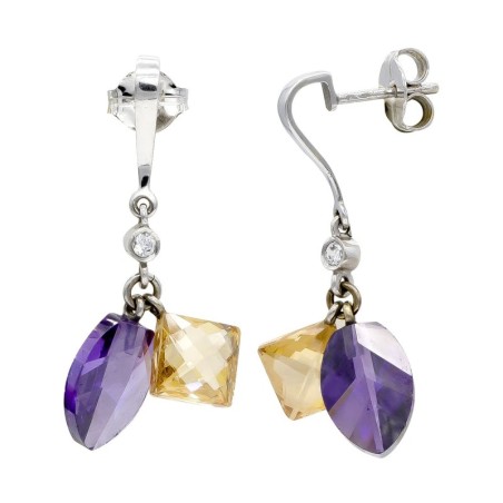 Pendientes Oro Blanco Amatista Y Topacio Cierre Presion oro 18k