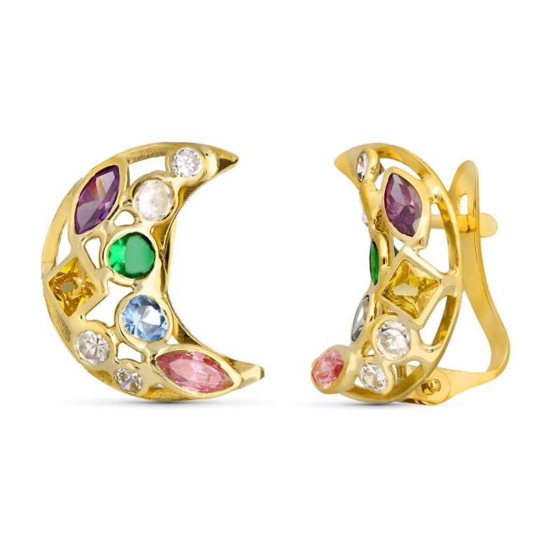 Pendientes Oro Amarillo Luna Circonita Color 14X10 Mm Cierre Catalan oro 18k