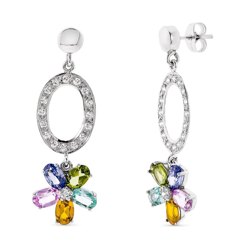 Pendientes Largos Oro Blanco Piedras Color 42X13 Mm Cierre Presion oro 18k