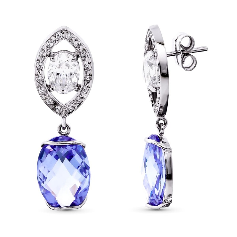 Pendientes Oro Blanco Con Circonita Y Piedras De Color 35X11 Mm Cierre Presion oro 18k