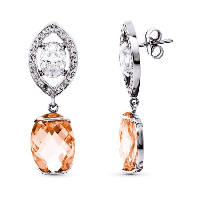 Pendientes Oro Blanco Con Circonita Y Piedras De Color 35X11 Mm Cierre Presion oro 18k